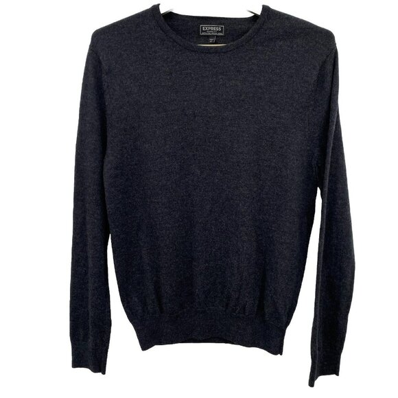 Express Sweater Mens Large Gray Knit‎ Pullover Crew Neck Long Sleeve Merino Wool - Picture 1 of 8